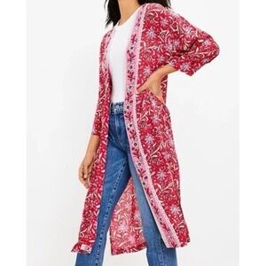 Loft Kimono Duster Robe Cover Up Womens M L Pink Red Boho Beach Pool Cottagecore